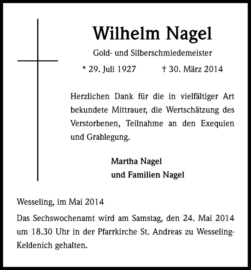 Traueranzeige für Wilhelm Nagel vom 21.05.2014 aus Kölner Stadt-Anzeiger / Kölnische Rundschau / Express