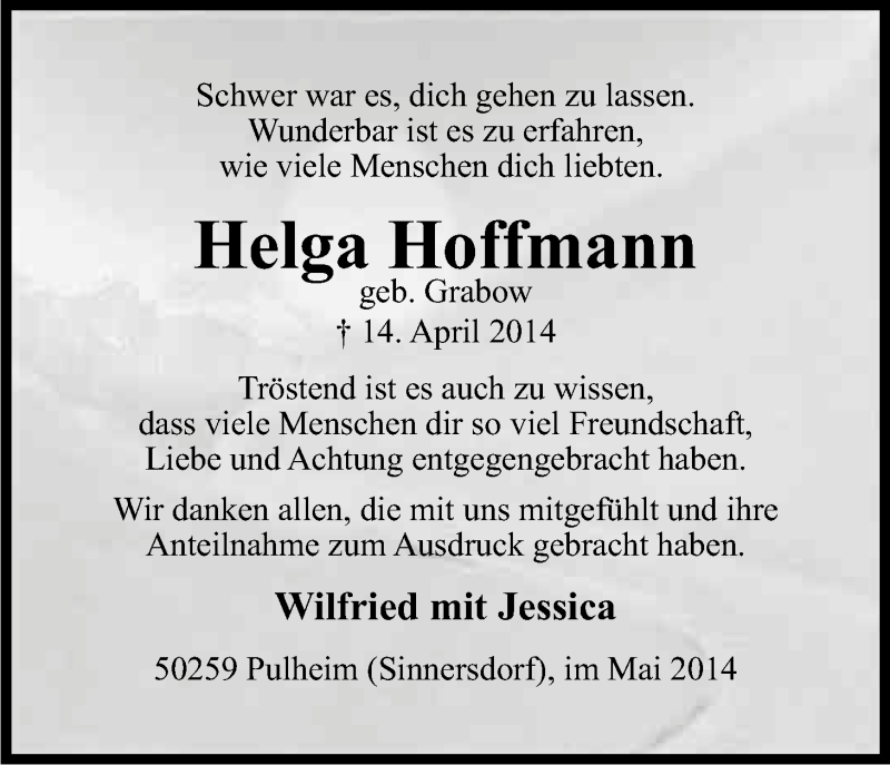  Traueranzeige für Helga Hoffmann vom 17.05.2014 aus Kölner Stadt-Anzeiger / Kölnische Rundschau / Express