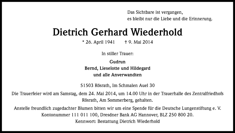  Traueranzeige für Dietrich Gerhard Wiederhold vom 17.05.2014 aus Kölner Stadt-Anzeiger / Kölnische Rundschau / Express