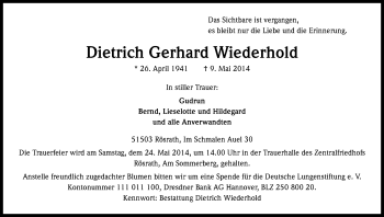 Anzeige von Dietrich Gerhard Wiederhold von Kölner Stadt-Anzeiger / Kölnische Rundschau / Express