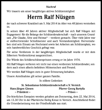 Anzeige von Ralf Nüsgen von Kölner Stadt-Anzeiger / Kölnische Rundschau / Express