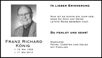 Anzeige von Franz Richard König von Kölner Stadt-Anzeiger / Kölnische Rundschau / Express