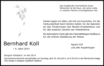 Anzeige von Bernhard Koll von Kölner Stadt-Anzeiger / Kölnische Rundschau / Express