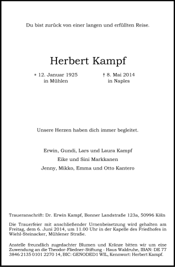 Anzeige von Herbert Kampf von Kölner Stadt-Anzeiger / Kölnische Rundschau / Express