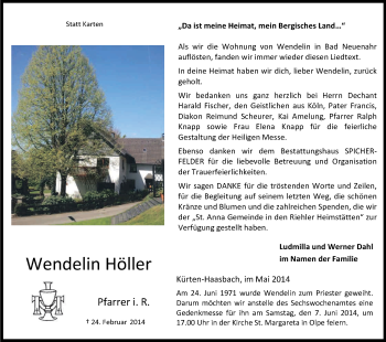 Anzeige von Wendelin Höller von Kölner Stadt-Anzeiger / Kölnische Rundschau / Express