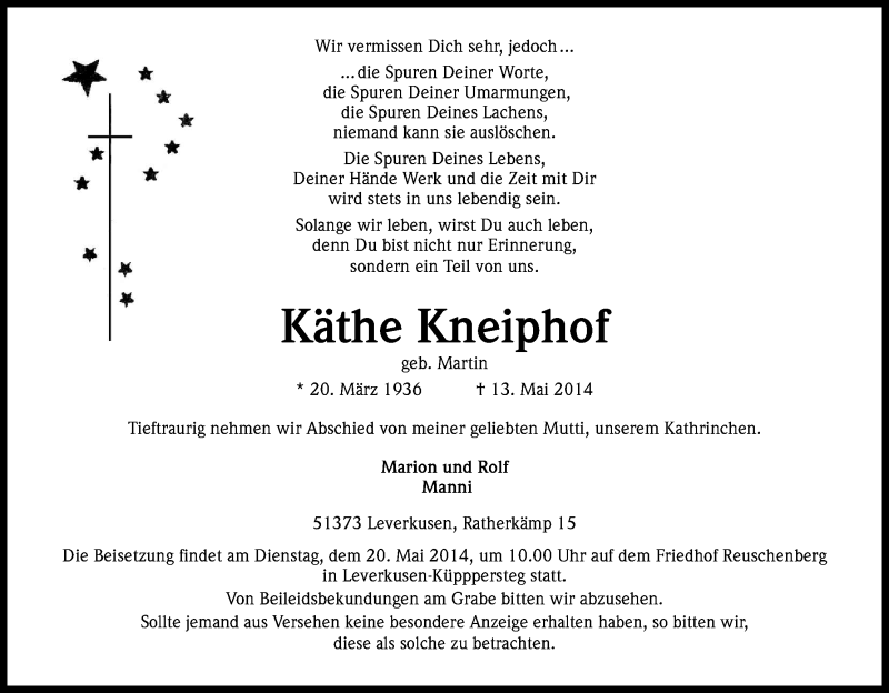  Traueranzeige für Käthe Kneiphof vom 17.05.2014 aus Kölner Stadt-Anzeiger / Kölnische Rundschau / Express
