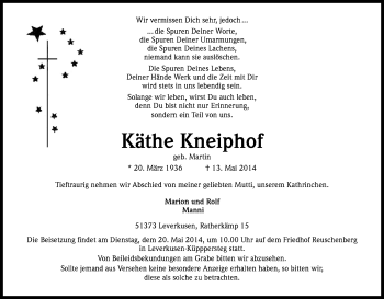 Anzeige von Käthe Kneiphof von Kölner Stadt-Anzeiger / Kölnische Rundschau / Express
