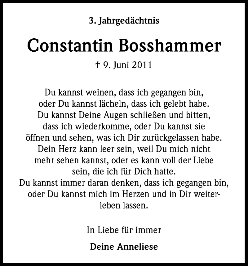  Traueranzeige für Constantin Bosshammer vom 10.06.2014 aus Kölner Stadt-Anzeiger / Kölnische Rundschau / Express