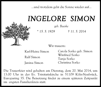 Anzeige von Ingelore Simon von Kölner Stadt-Anzeiger / Kölnische Rundschau / Express