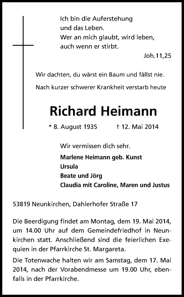  Traueranzeige für Richard Heimann vom 16.05.2014 aus Kölner Stadt-Anzeiger / Kölnische Rundschau / Express