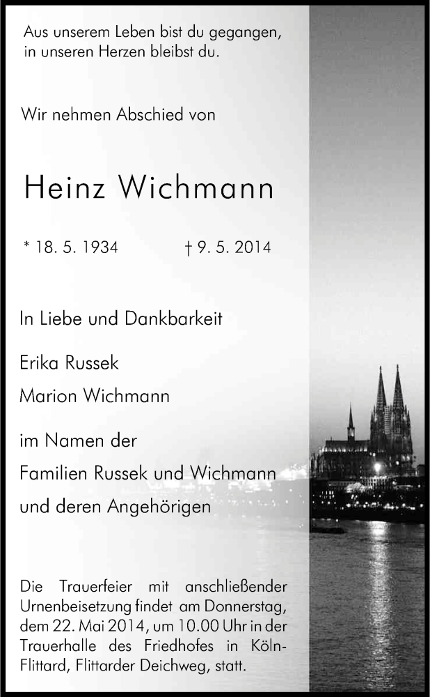  Traueranzeige für Heinz Wichmann vom 17.05.2014 aus Kölner Stadt-Anzeiger / Kölnische Rundschau / Express