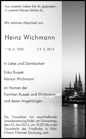 Anzeige von Heinz Wichmann von Kölner Stadt-Anzeiger / Kölnische Rundschau / Express