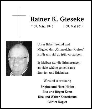 Anzeige von Rainer Gieseke von Kölner Stadt-Anzeiger / Kölnische Rundschau / Express