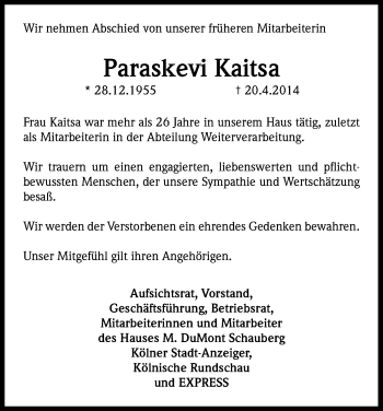Anzeige von Paraskevi Kaitsa von Kölner Stadt-Anzeiger / Kölnische Rundschau / Express