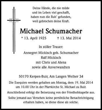 Anzeige von Michael Schumacher von Kölner Stadt-Anzeiger / Kölnische Rundschau / Express