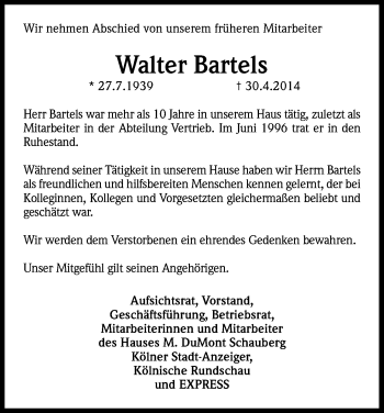 Anzeige von Walter Bartels von Kölner Stadt-Anzeiger / Kölnische Rundschau / Express