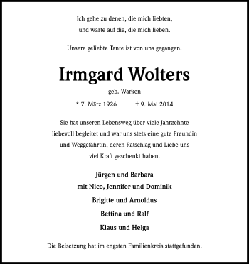 Anzeige von Irmgard Wolters von Kölner Stadt-Anzeiger / Kölnische Rundschau / Express