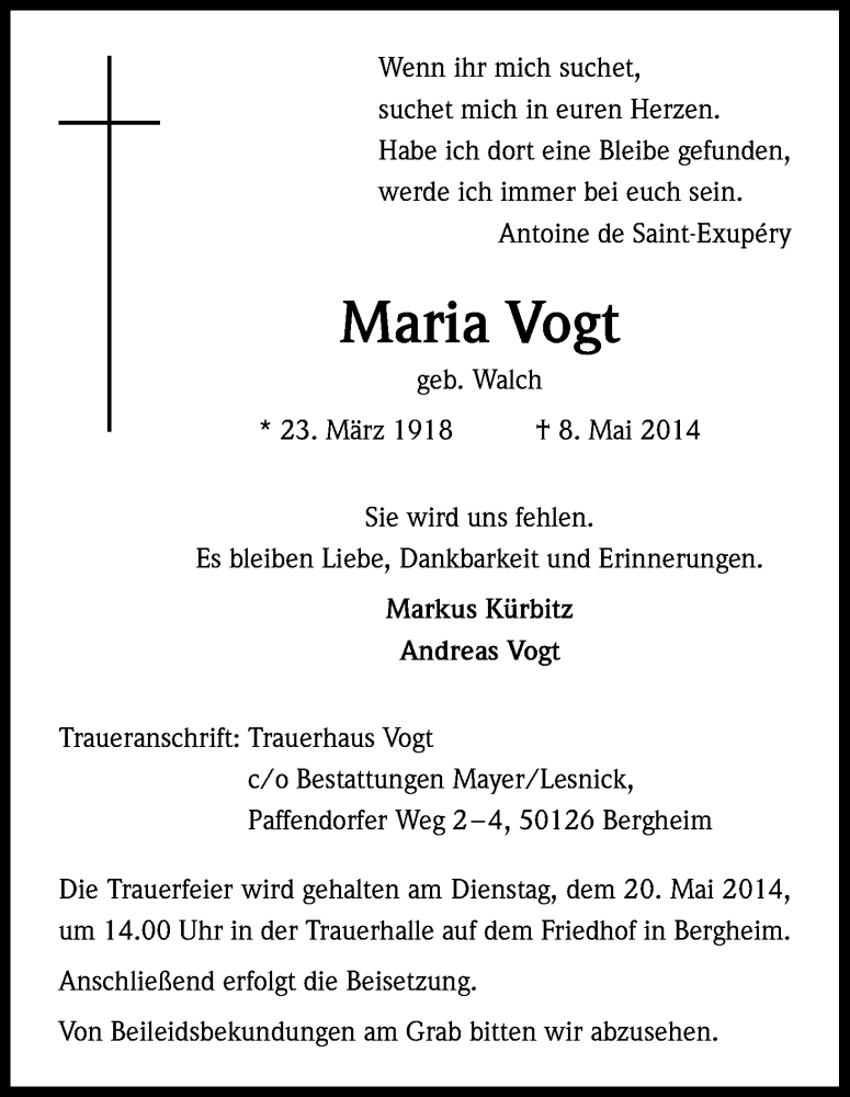  Traueranzeige für Maria Vogt vom 17.05.2014 aus Kölner Stadt-Anzeiger / Kölnische Rundschau / Express