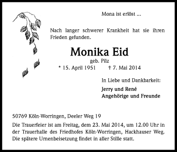 Anzeige von Monika Eid von Kölner Stadt-Anzeiger / Kölnische Rundschau / Express