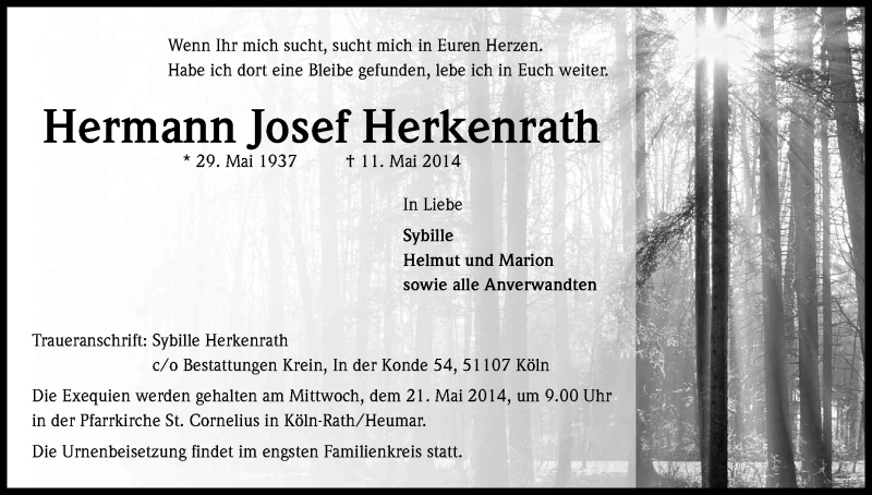  Traueranzeige für Hermann Josef Herkenrath vom 17.05.2014 aus Kölner Stadt-Anzeiger / Kölnische Rundschau / Express