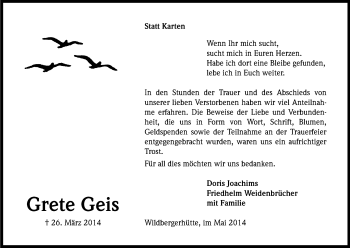 Anzeige von Grete Geis von Kölner Stadt-Anzeiger / Kölnische Rundschau / Express