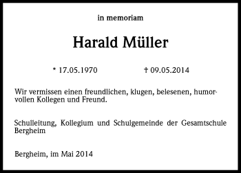 Anzeige von Harald Müller von Kölner Stadt-Anzeiger / Kölnische Rundschau / Express