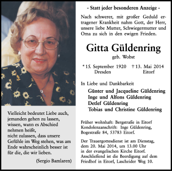 Anzeige von Gitta Güldenring von Kölner Stadt-Anzeiger / Kölnische Rundschau / Express