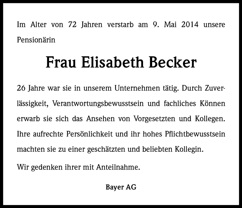  Traueranzeige für Elisabeth Becker vom 16.05.2014 aus Kölner Stadt-Anzeiger / Kölnische Rundschau / Express
