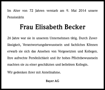 Anzeige von Elisabeth Becker von Kölner Stadt-Anzeiger / Kölnische Rundschau / Express