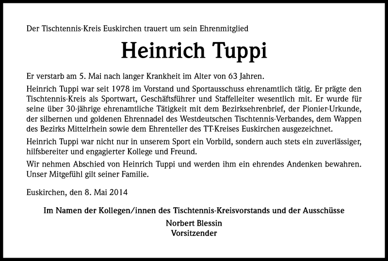  Traueranzeige für Heinrich Tuppi vom 17.05.2014 aus Kölner Stadt-Anzeiger / Kölnische Rundschau / Express
