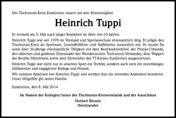 Anzeige von Heinrich Tuppi von Kölner Stadt-Anzeiger / Kölnische Rundschau / Express