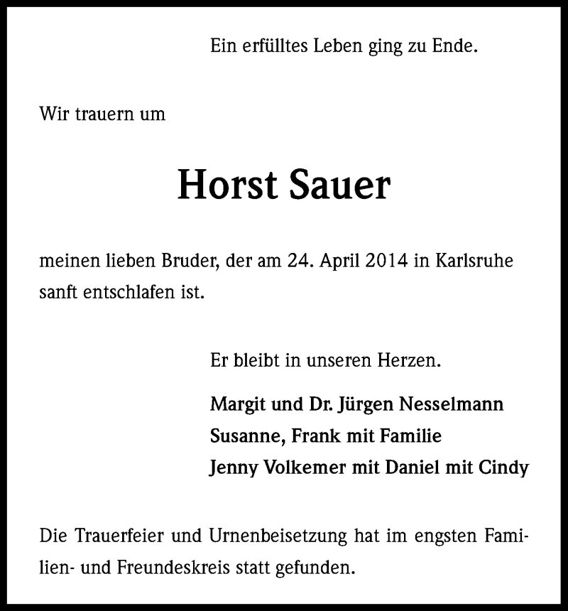  Traueranzeige für Horst Sauer vom 17.05.2014 aus Kölner Stadt-Anzeiger / Kölnische Rundschau / Express