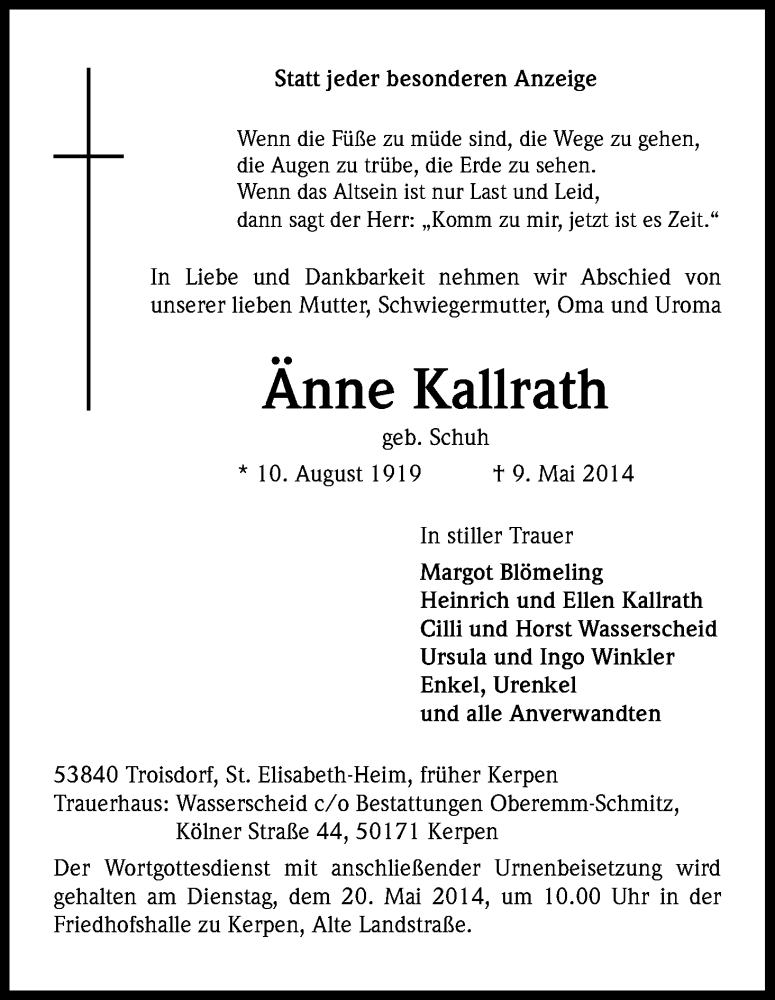  Traueranzeige für Anne Kallrath vom 17.05.2014 aus Kölner Stadt-Anzeiger / Kölnische Rundschau / Express