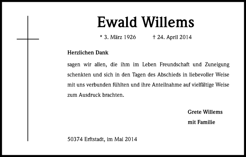  Traueranzeige für Ewald Willems vom 21.05.2014 aus Kölner Stadt-Anzeiger / Kölnische Rundschau / Express