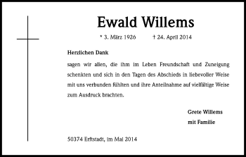 Anzeige von Ewald Willems von Kölner Stadt-Anzeiger / Kölnische Rundschau / Express