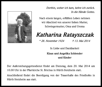 Anzeige von Katharina Ratayszczak von Kölner Stadt-Anzeiger / Kölnische Rundschau / Express