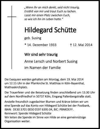 Anzeige von Hildegard Schütte von Kölner Stadt-Anzeiger / Kölnische Rundschau / Express