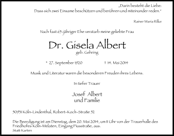 Anzeige von Gisela Albert von Kölner Stadt-Anzeiger / Kölnische Rundschau / Express