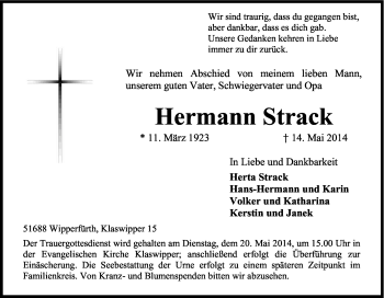 Anzeige von Hermann Strack von Kölner Stadt-Anzeiger / Kölnische Rundschau / Express