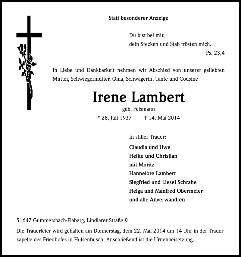  Traueranzeige für Irene Lambert vom 16.05.2014 aus Kölner Stadt-Anzeiger / Kölnische Rundschau / Express