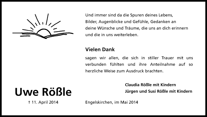  Traueranzeige für Uwe Rößle vom 16.05.2014 aus Kölner Stadt-Anzeiger / Kölnische Rundschau / Express