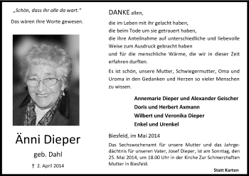 Anzeige von Änni Dieper von Kölner Stadt-Anzeiger / Kölnische Rundschau / Express