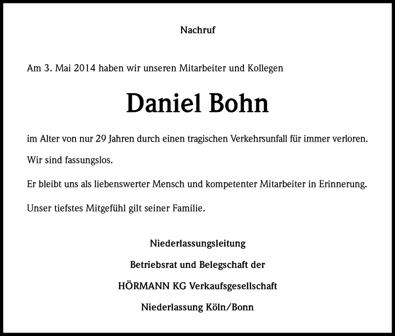  Traueranzeige für Daniel Bohn vom 17.05.2014 aus Kölner Stadt-Anzeiger / Kölnische Rundschau / Express