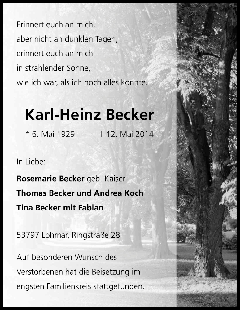  Traueranzeige für Karl-Heinz Becker vom 24.05.2014 aus Kölner Stadt-Anzeiger / Kölnische Rundschau / Express