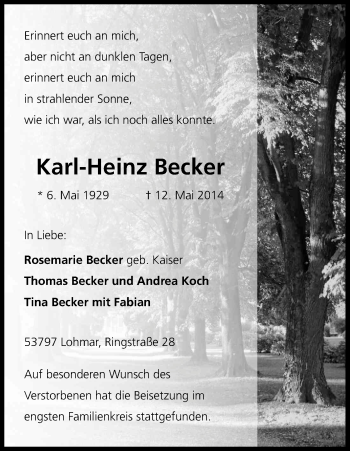 Anzeige von Karl-Heinz Becker von Kölner Stadt-Anzeiger / Kölnische Rundschau / Express