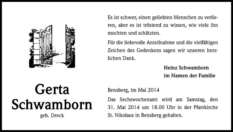  Traueranzeige für Gerta Schwamborn vom 24.05.2014 aus Kölner Stadt-Anzeiger / Kölnische Rundschau / Express
