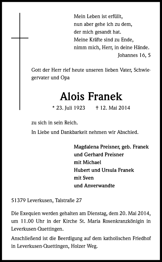  Traueranzeige für Alois Franek vom 17.05.2014 aus Kölner Stadt-Anzeiger / Kölnische Rundschau / Express