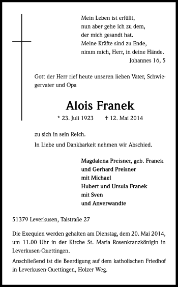 Anzeige von Alois Franek von Kölner Stadt-Anzeiger / Kölnische Rundschau / Express