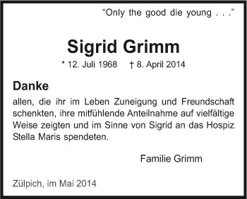 Anzeige von Sigrid Grimm von Kölner Stadt-Anzeiger / Kölnische Rundschau / Express