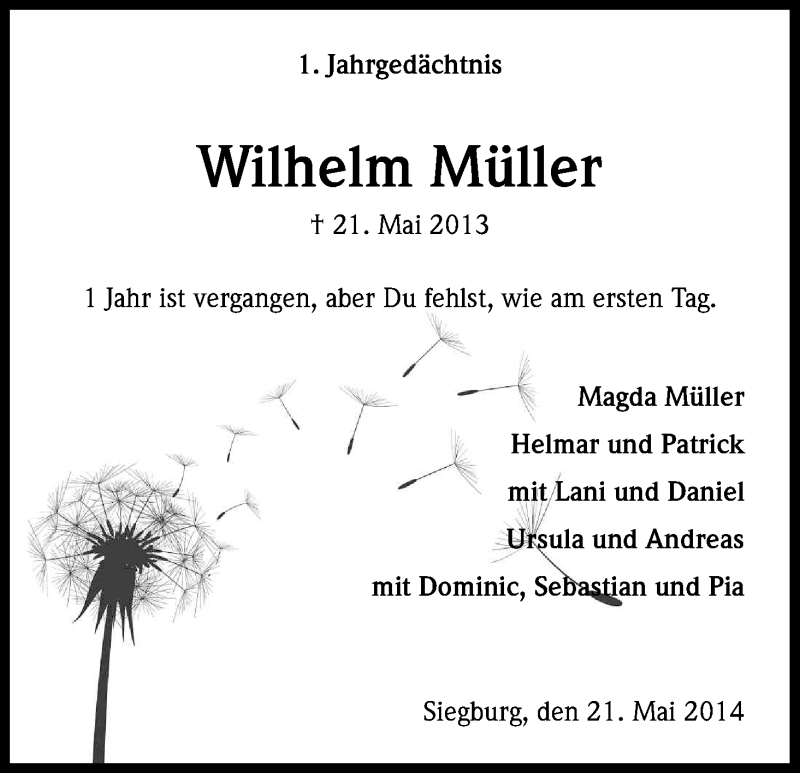  Traueranzeige für Wilhelm Müller vom 21.05.2014 aus Kölner Stadt-Anzeiger / Kölnische Rundschau / Express